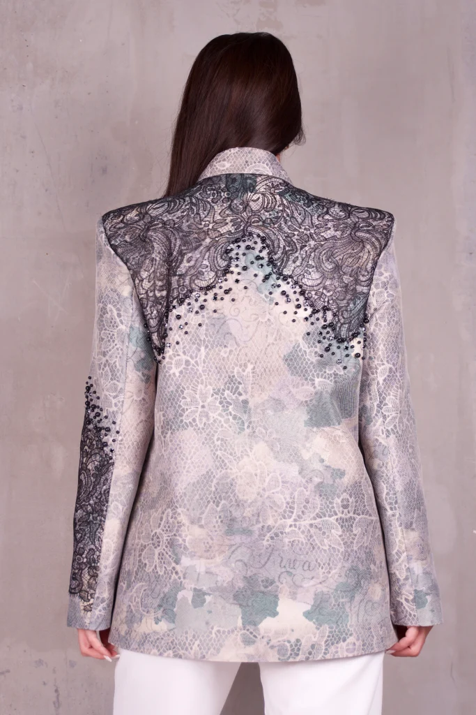 PEARL-BEADED LACE-PRINT BLAZER - Mink, Photo 3