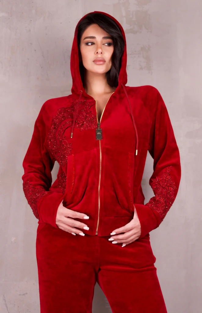 RHINESTONE-PANEL HOODED VELOUR SET - Burgundy, Photo 2