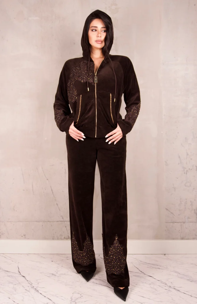 RHINESTONE-PANEL HOODED VELOUR SET - Brown, Photo 1