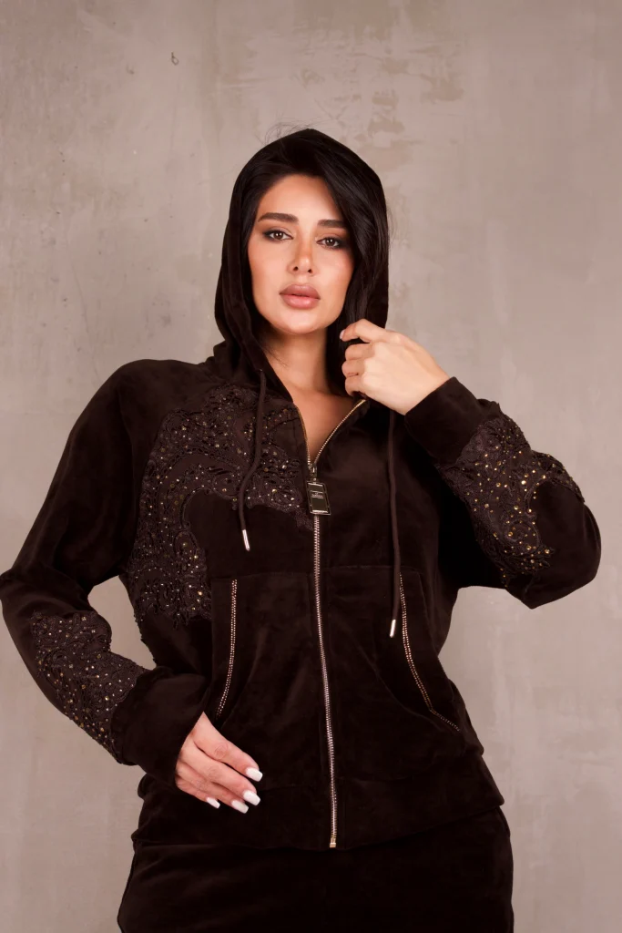 RHINESTONE-PANEL HOODED VELOUR SET - Brown, Photo 2