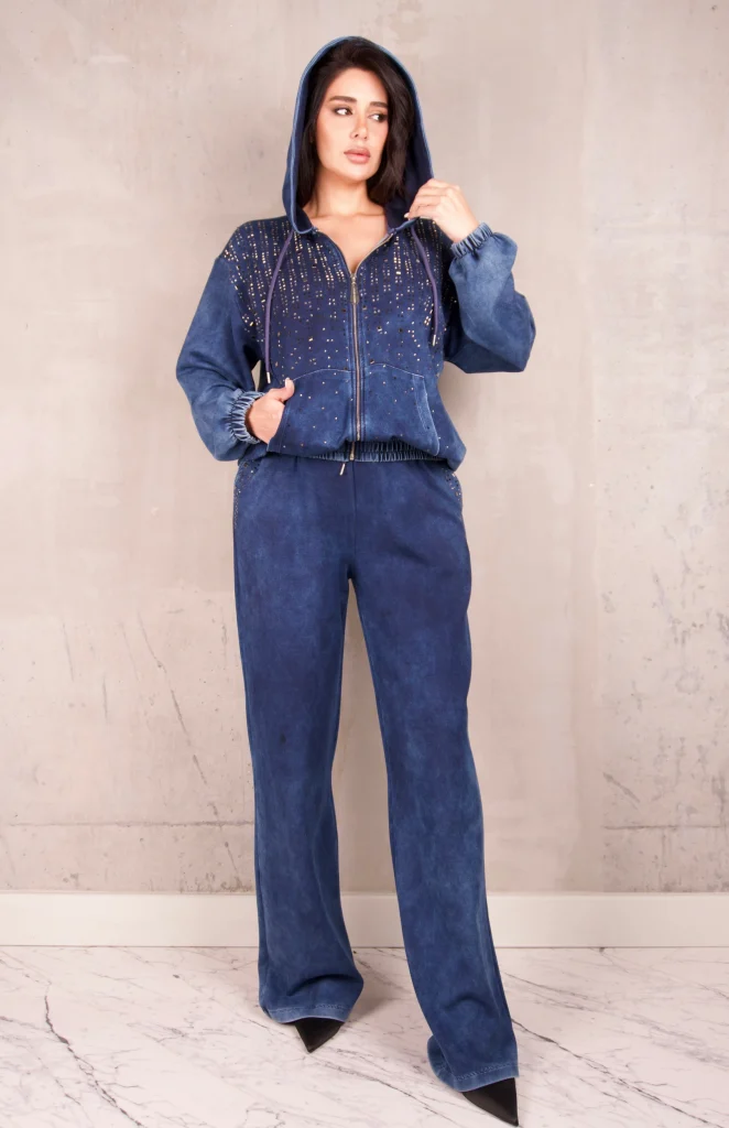 SCATTERED-RHINESTONE WASHED HOODIE SET - Blue, Photo 1