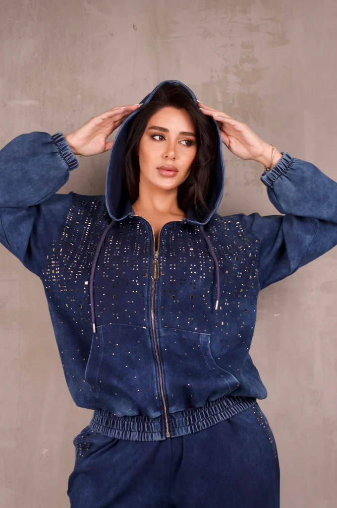 SCATTERED-RHINESTONE WASHED HOODIE SET - Blue, Photo 2