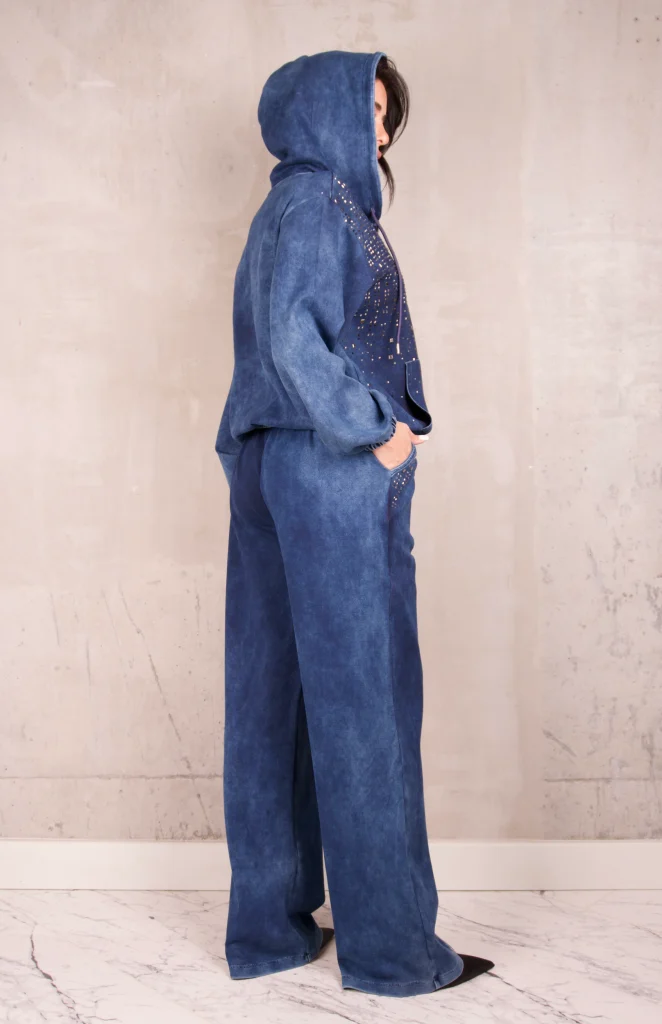 SCATTERED-RHINESTONE WASHED HOODIE SET - Blue, Photo 3