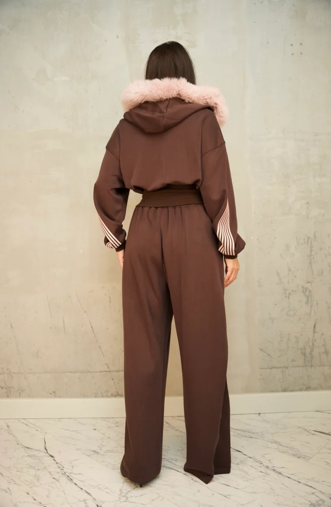 FUR-HOOD CORSET-WAIST TRACKSUIT SET - Brown, Photo 3