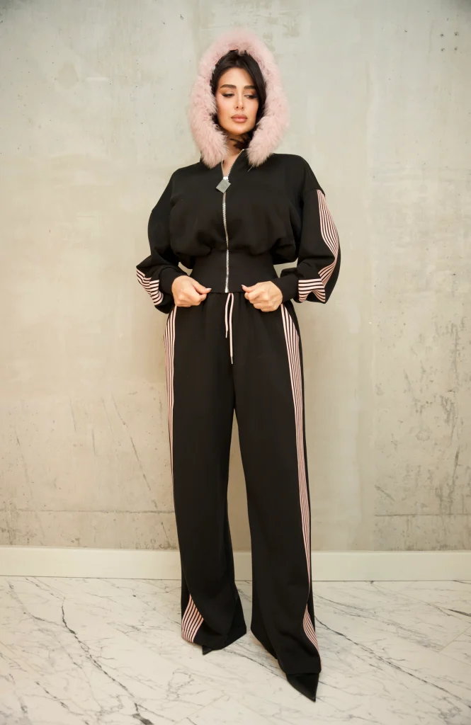 FUR-HOOD CORSET-WAIST TRACKSUIT SET - Black, Photo 1