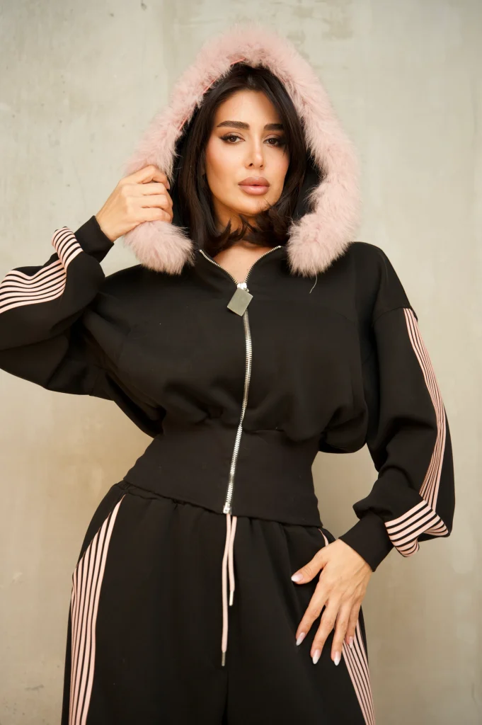 FUR-HOOD CORSET-WAIST TRACKSUIT SET - Black, Photo 2