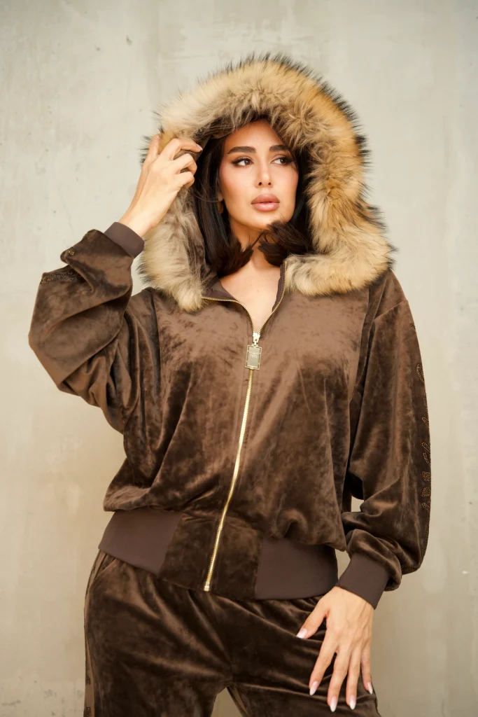 FUR-TRIM HOODED VELOUR SET - Brown, Photo 2