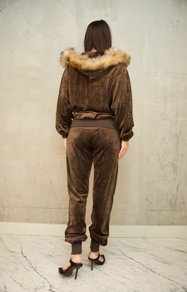 FUR-TRIM HOODED VELOUR SET - Brown, Photo 3