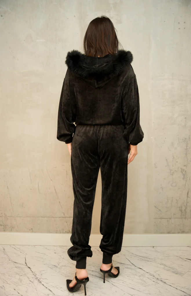 FUR-TRIM HOODED VELOUR SET - Black, Photo 3