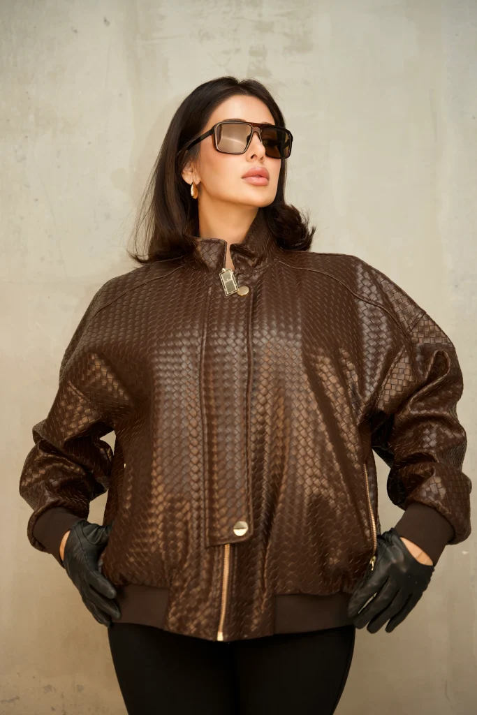 BASKET-WEAVE FAUX-LEATHER BOMBER - Brown, Photo 1