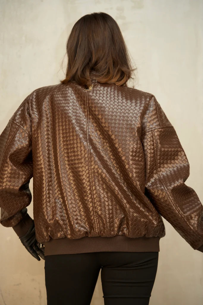 BASKET-WEAVE FAUX-LEATHER BOMBER - Brown, Photo 2
