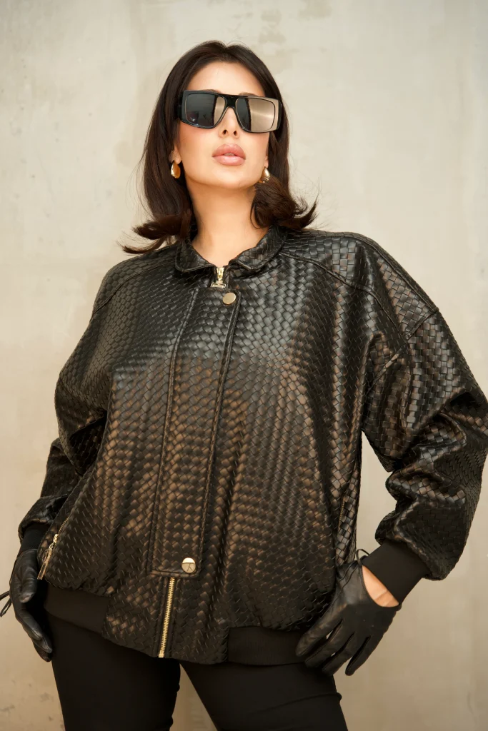 BASKET-WEAVE FAUX-LEATHER BOMBER - Black, Photo 1