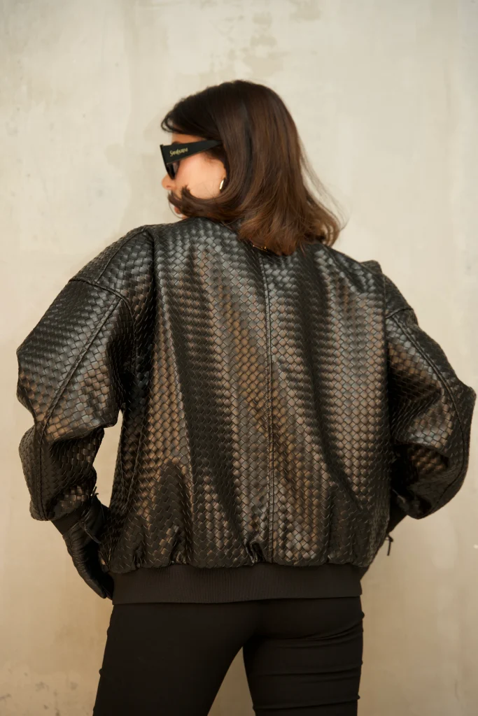 BASKET-WEAVE FAUX-LEATHER BOMBER - Black, Photo 2