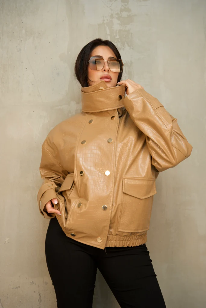CROC-EMBOSSED SNAP-FRONT BOMBER JACKET - Beige, Photo 1