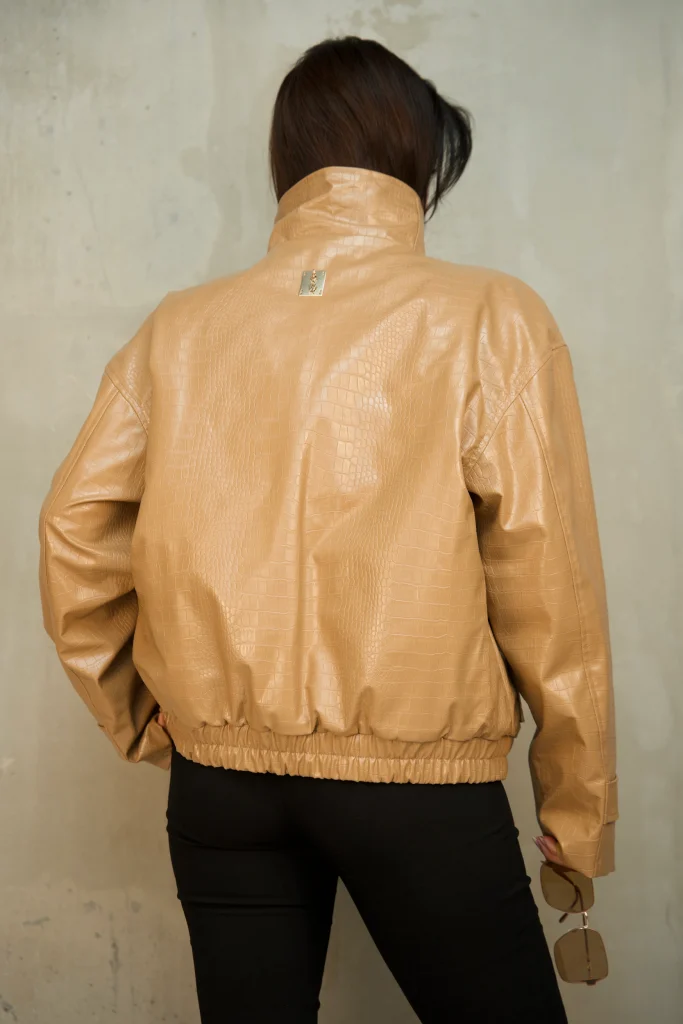 CROC-EMBOSSED SNAP-FRONT BOMBER JACKET - Beige, Photo 2