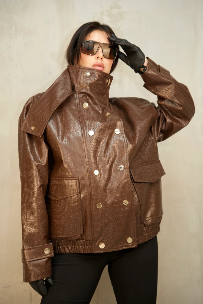 CROC-EMBOSSED SNAP-FRONT BOMBER JACKET - Brown, Photo 1