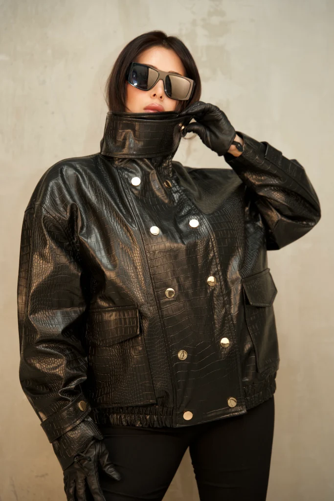 CROC-EMBOSSED SNAP-FRONT BOMBER JACKET - Black, Photo 2