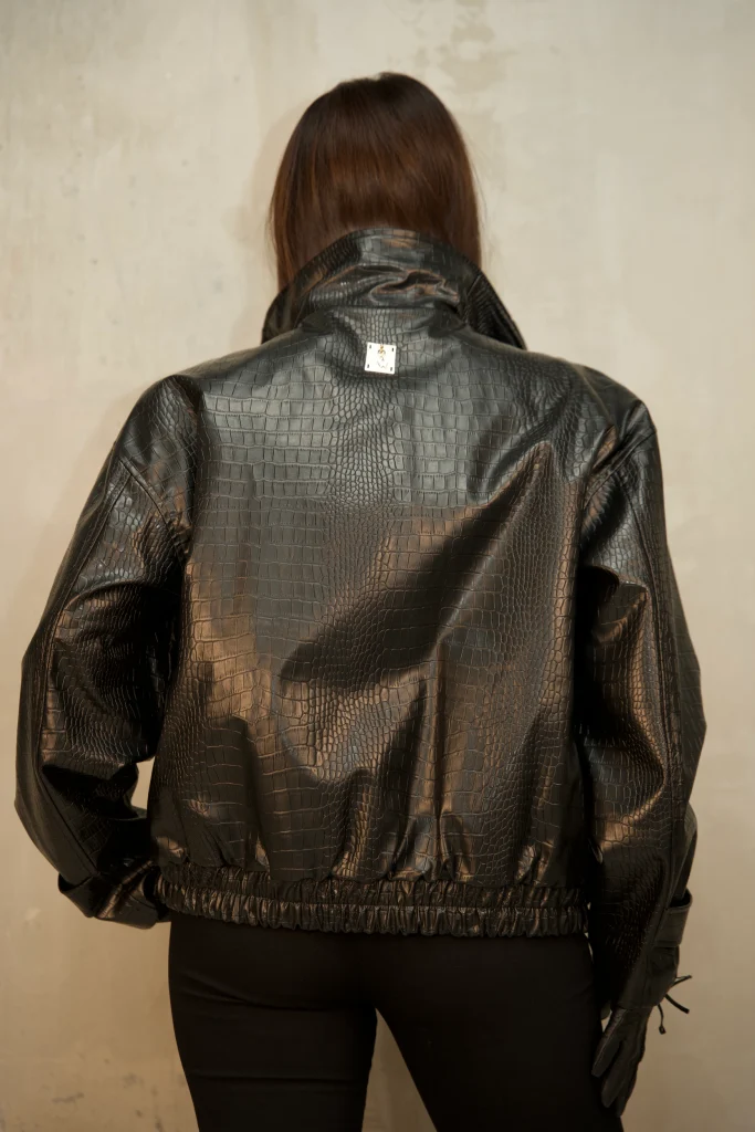 CROC-EMBOSSED SNAP-FRONT BOMBER JACKET - Black, Photo 3