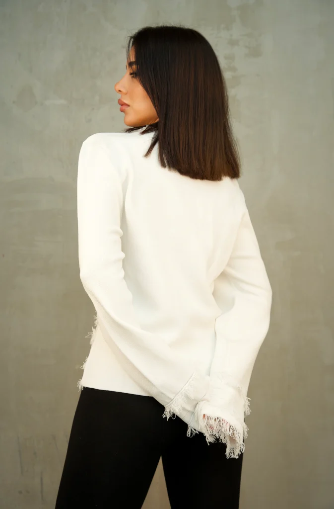 FRINGED KNIT JACKET WITH GOLD BUTTONS - Ecru, Фото 3