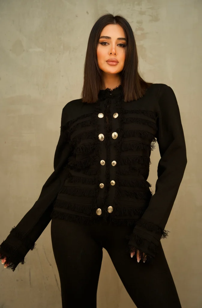 FRINGED KNIT JACKET WITH GOLD BUTTONS - Black, Фото 1