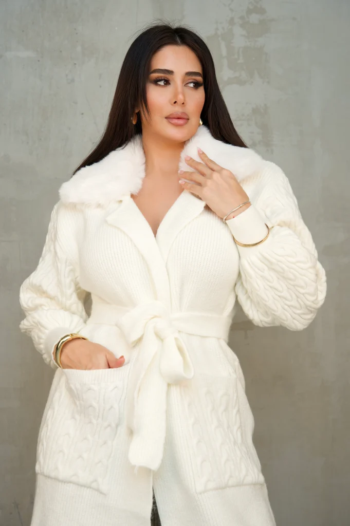 FAUX-FUR COLLAR BELTED KNIT CARDIGAN COAT - Ecru, Фото 1