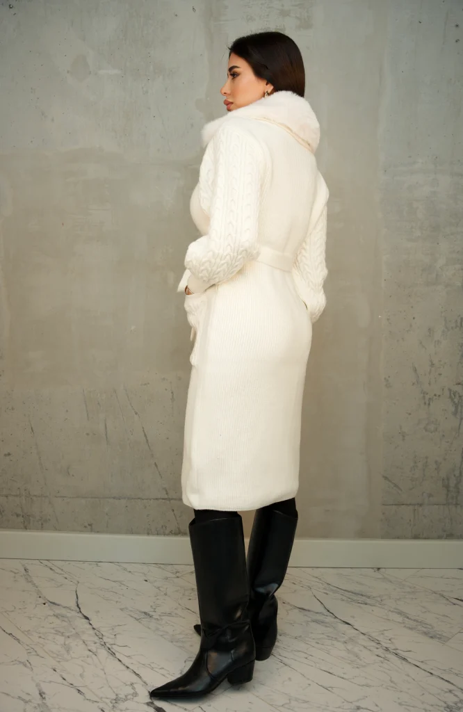 FAUX-FUR COLLAR BELTED KNIT CARDIGAN COAT - Ecru, Фото 3