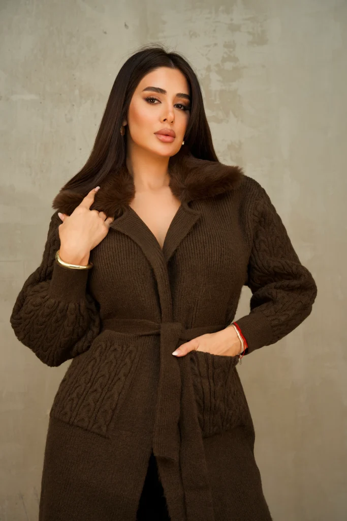 FAUX-FUR COLLAR BELTED KNIT CARDIGAN COAT - Brown, Фото 1