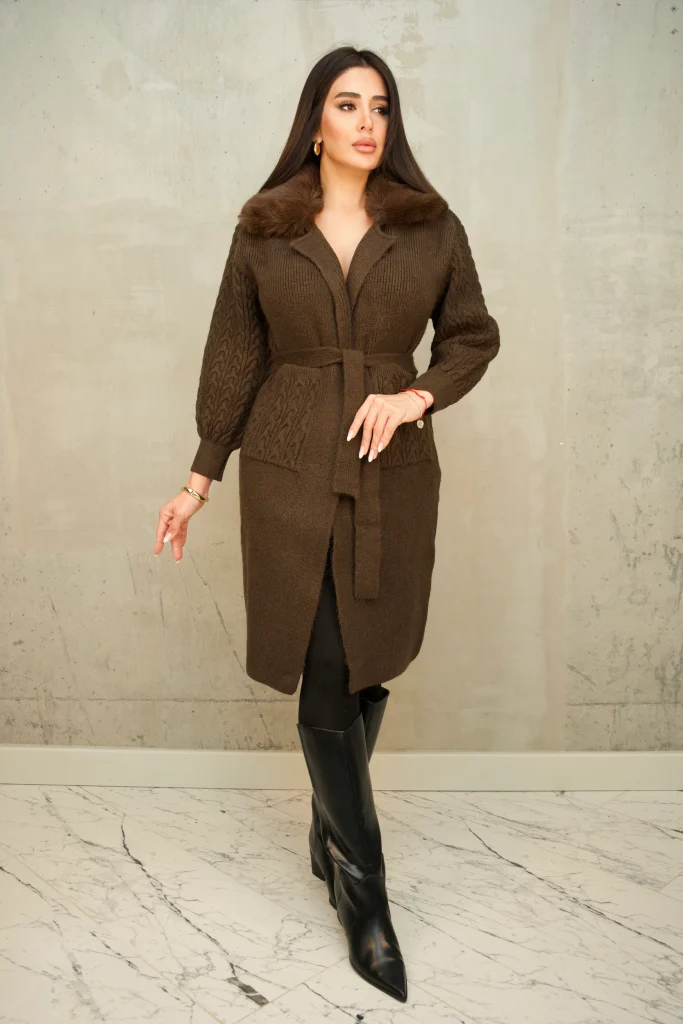 FAUX-FUR COLLAR BELTED KNIT CARDIGAN COAT - Brown, Фото 2