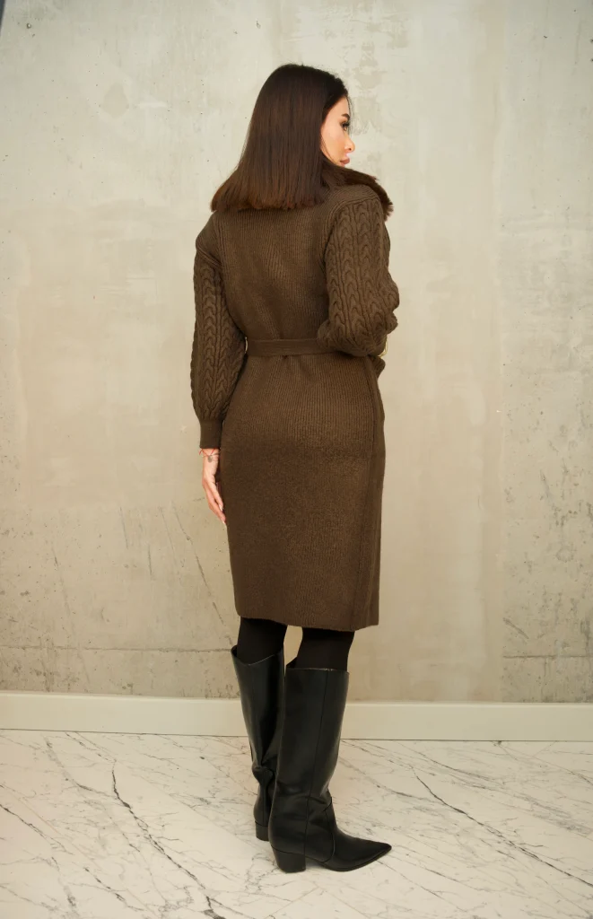 FAUX-FUR COLLAR BELTED KNIT CARDIGAN COAT - Brown, Фото 3
