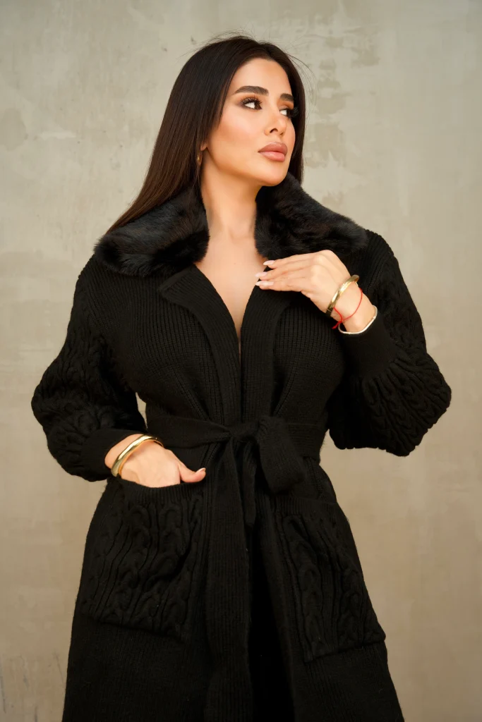 FAUX-FUR COLLAR BELTED KNIT CARDIGAN COAT - Black, Фото 1