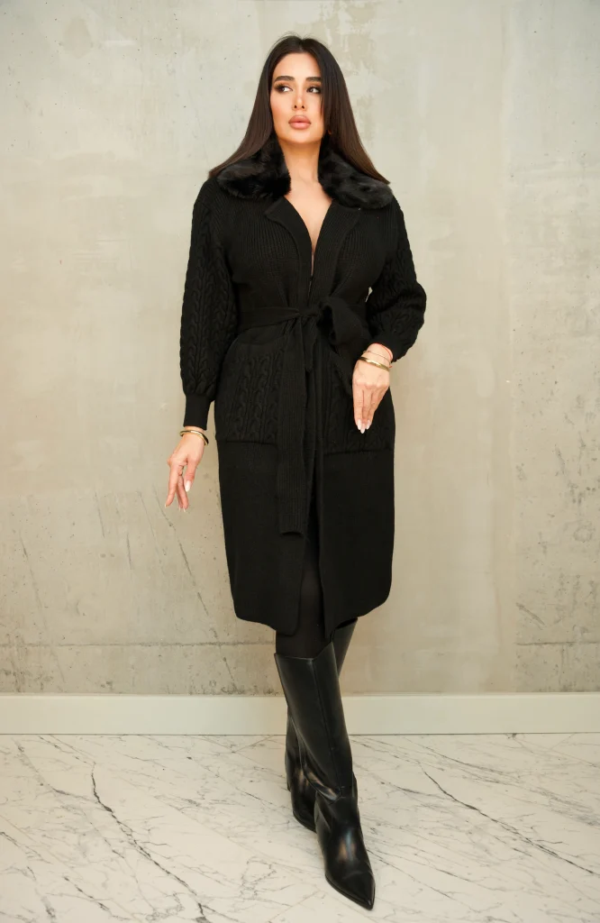 FAUX-FUR COLLAR BELTED KNIT CARDIGAN COAT - Black, Фото 2