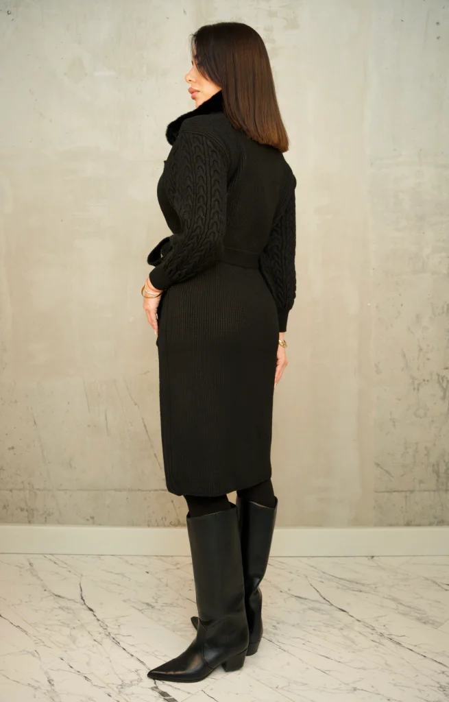 FAUX-FUR COLLAR BELTED KNIT CARDIGAN COAT - Black, Фото 3