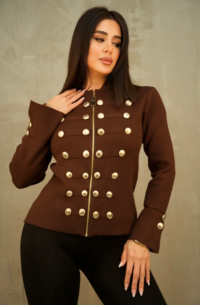 GOLD-BUTTON MILITARY KNIT JACKET - Brown, Фото 1