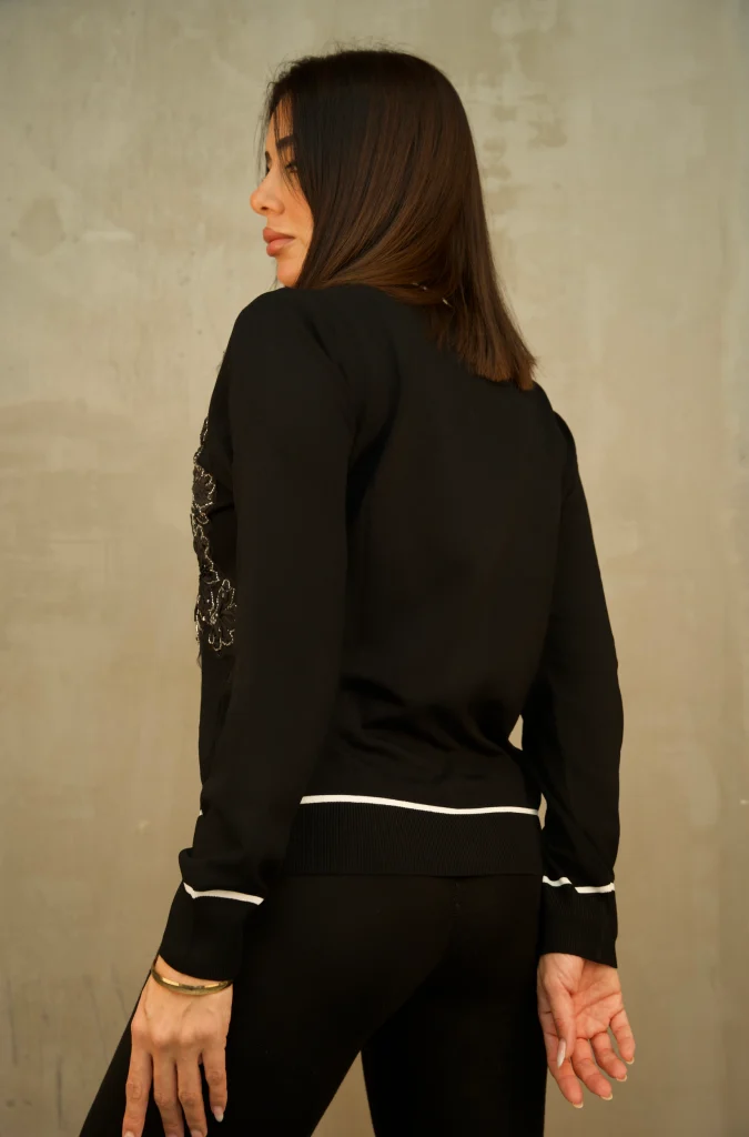 PIPED V-NECK BEADED-APPLIQUE CARDIGAN - Black, Фото 2