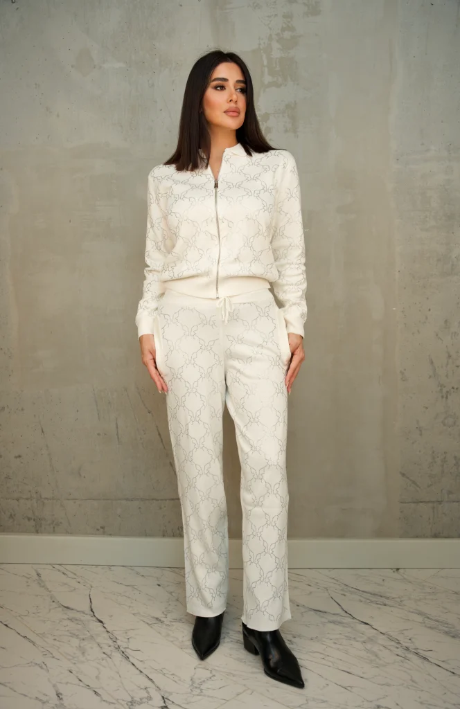 RHINESTONE-PATTERN KNIT ZIP SET - Ecru, Фото 1