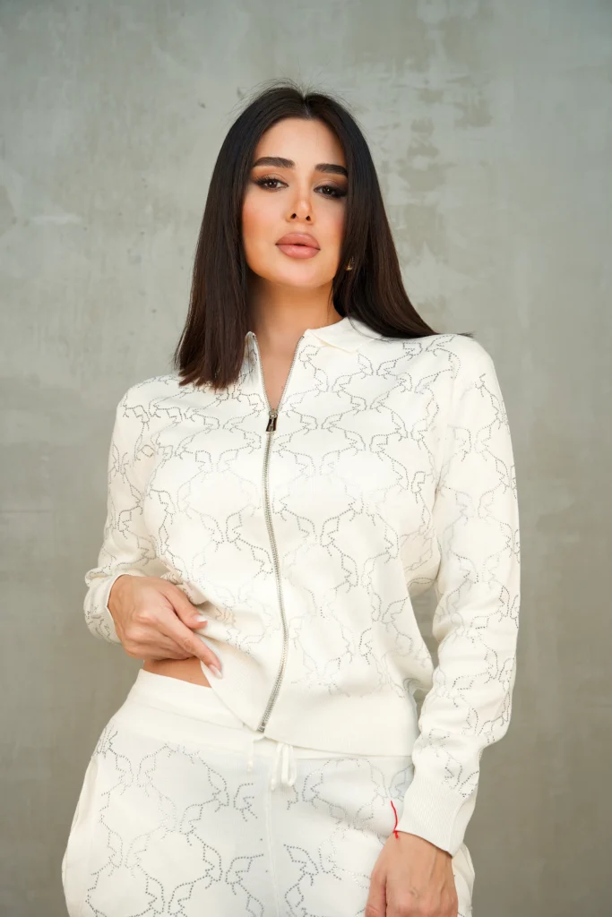 RHINESTONE-PATTERN KNIT ZIP SET - Ecru, Фото 2