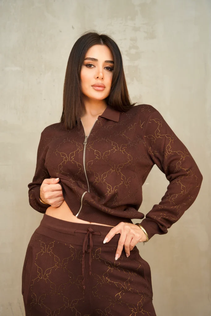 RHINESTONE-PATTERN KNIT ZIP SET - Brown, Фото 2