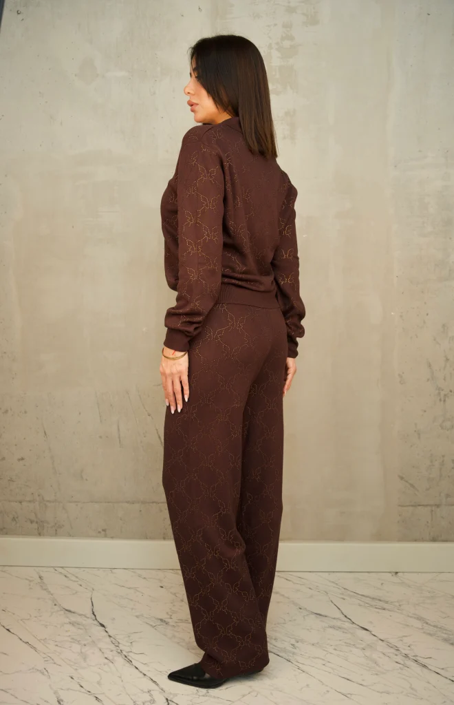RHINESTONE-PATTERN KNIT ZIP SET - Brown, Фото 3