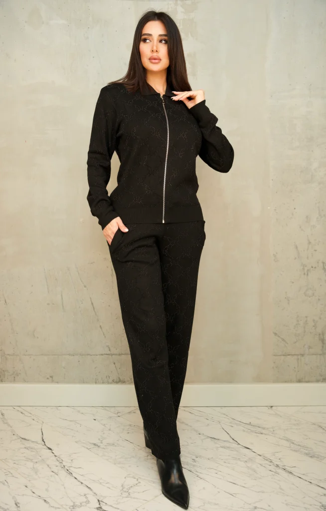 RHINESTONE-PATTERN KNIT ZIP SET - Black, Фото 1