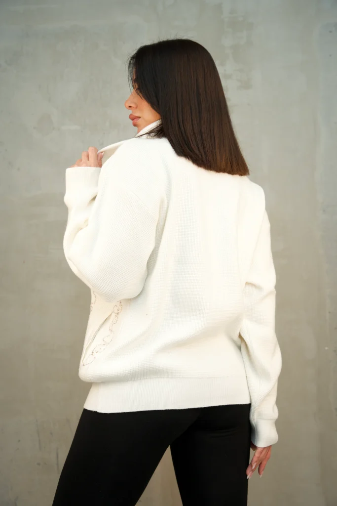EMBROIDERED HIGH-NECK WAFFLE-KNIT ZIP CARDIGAN - Ecru, Фото 3