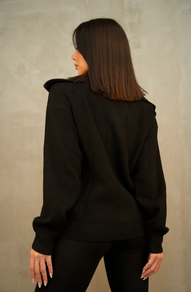 EMBROIDERED HIGH-NECK WAFFLE-KNIT ZIP CARDIGAN - Black, Фото 2
