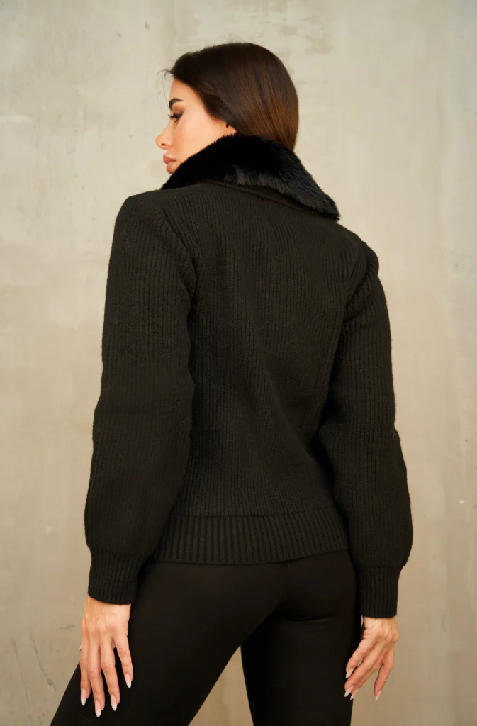 FUR-COLLAR CHUNKY-RIB KNIT ZIP JACKET - Black, Фото 2